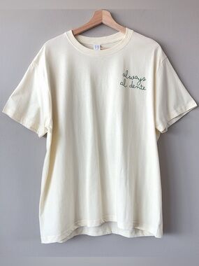 100% cotton oversized tshirt 23” PTP soft butter yellow pasta detail graphic tee